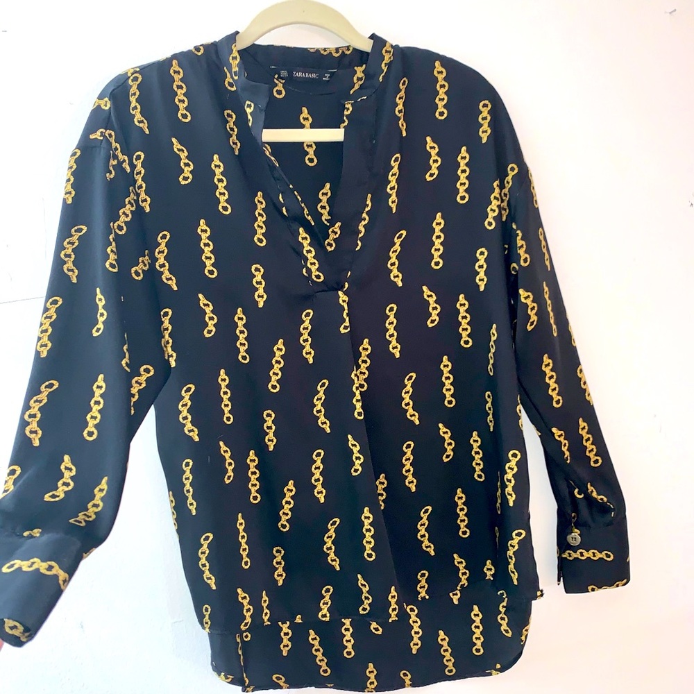 Long-Sleeve Gold Link and Black Blouse